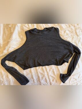 Cropped Mock Neck cold shoulder Long Sleeve Top — Charcoal Gray